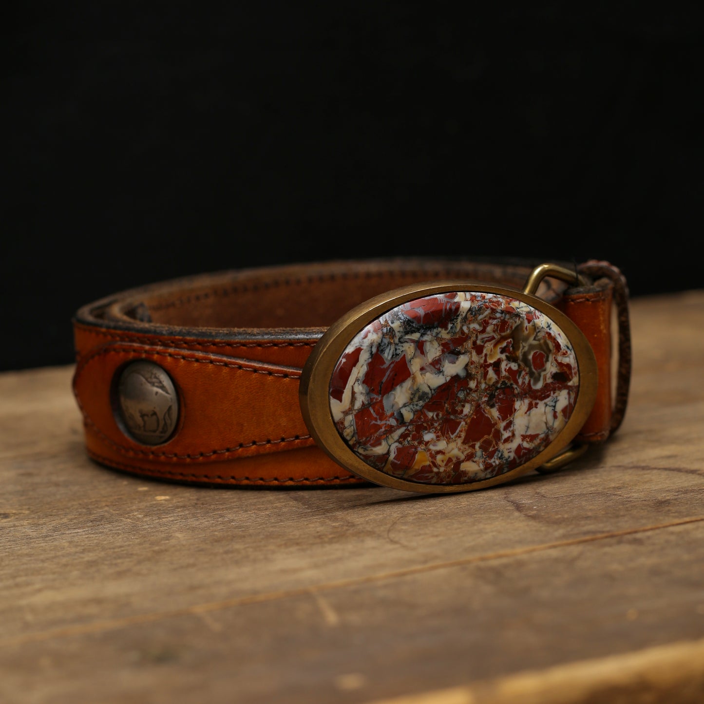 Agate Brass Buckle And Buffalo Nickel Leather Belt