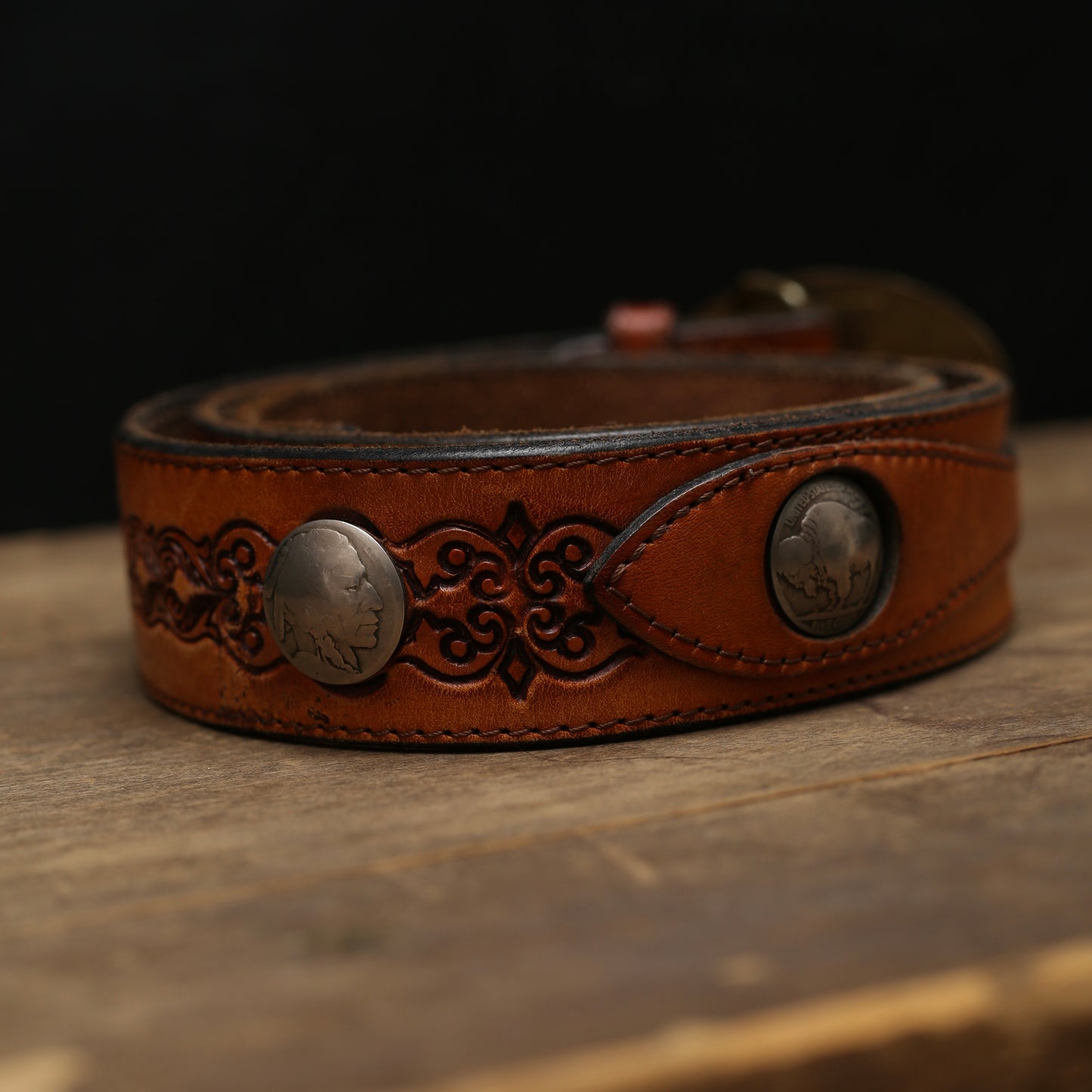 Agate Brass Buckle And Buffalo Nickel Leather Belt